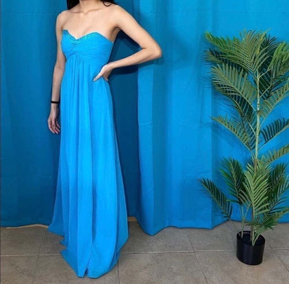 David's Bridal Blue Strapless Chiffon Beaded Sweetheart Maxi Dress